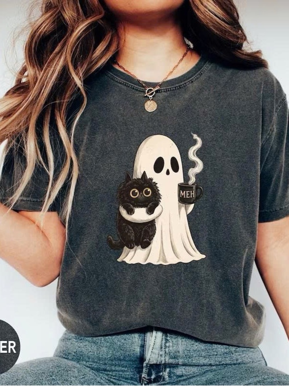Cute ghost holding a black cat graphic tee in black